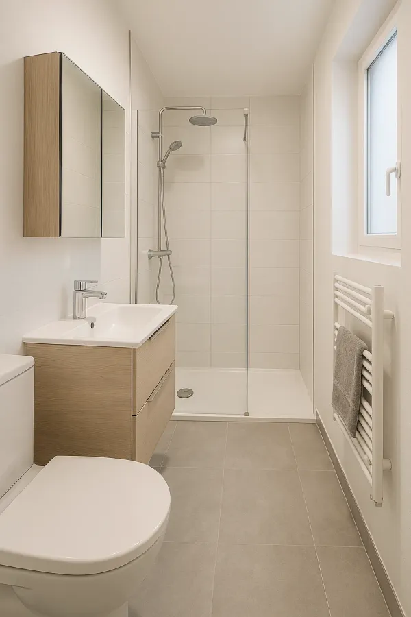 Petite salle de bain optimisée, douche en niche vitrée, meuble vasque suspendu et WC