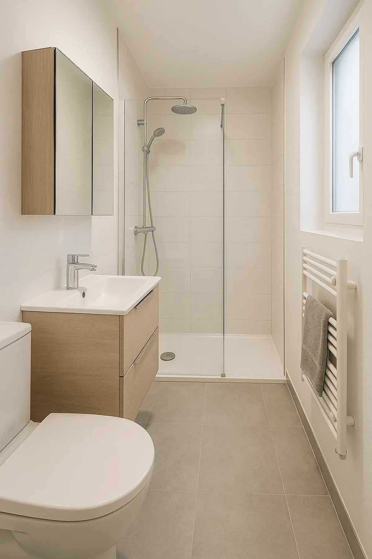 Petite salle de bain rénovée, douche en niche vitrée au fond, meuble vasque suspendu en bois clair et WC