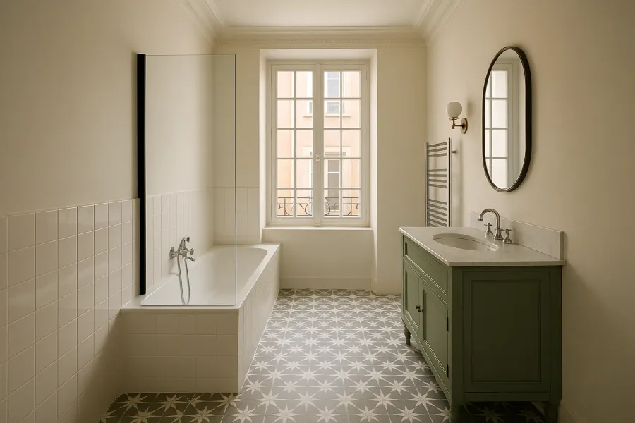 Salle de bain d’appartement ancien, baignoire à robinetterie chromée rétro, carreaux de ciment et meuble vert olive