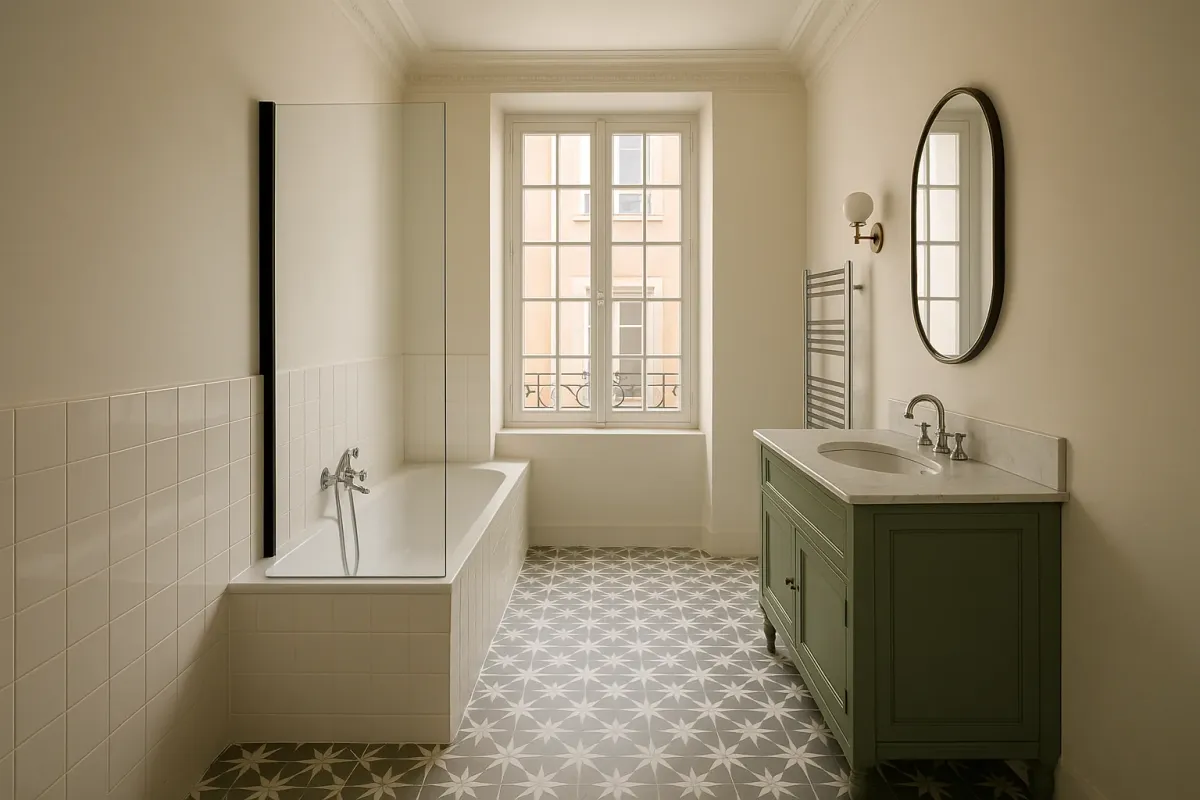 Salle de bain d’appartement ancien rénovée, baignoire avec pare-bain, faïence blanche et meuble vasque vert