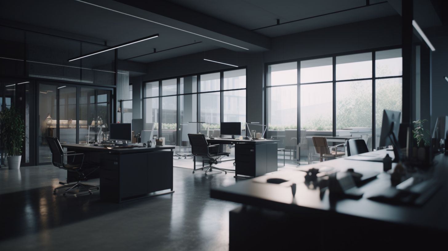 Espace de bureaux rénové à Lyon avec open space lumineux, mobilier contemporain et verrières élégantes.