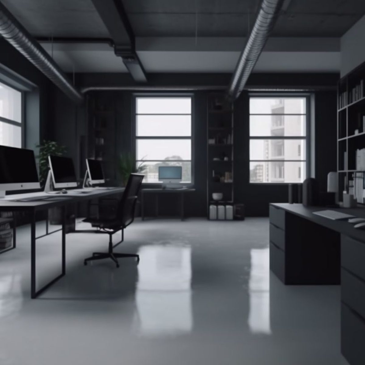 Aménagement bureaux Saint-Étienne – Espace de travail moderne et lumineux avec mobilier ergonomique et grande bibliothèque murale