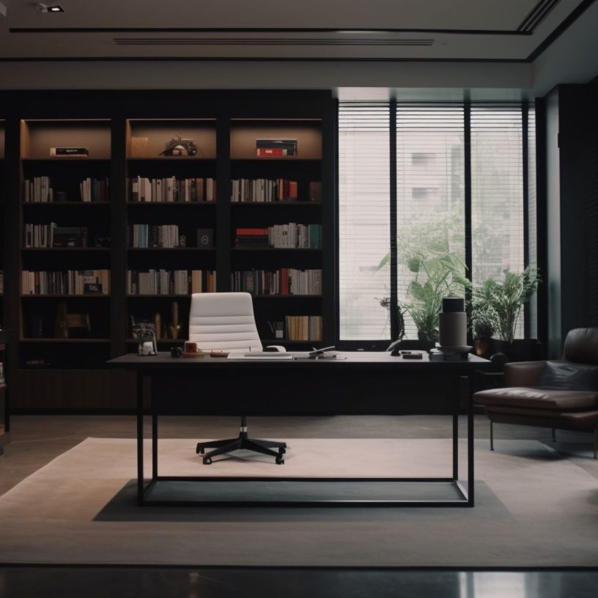 Aménagement bureaux Vienne – Bureau de direction moderne avec bibliothèque murale et fauteuils design par BS Multi Travaux