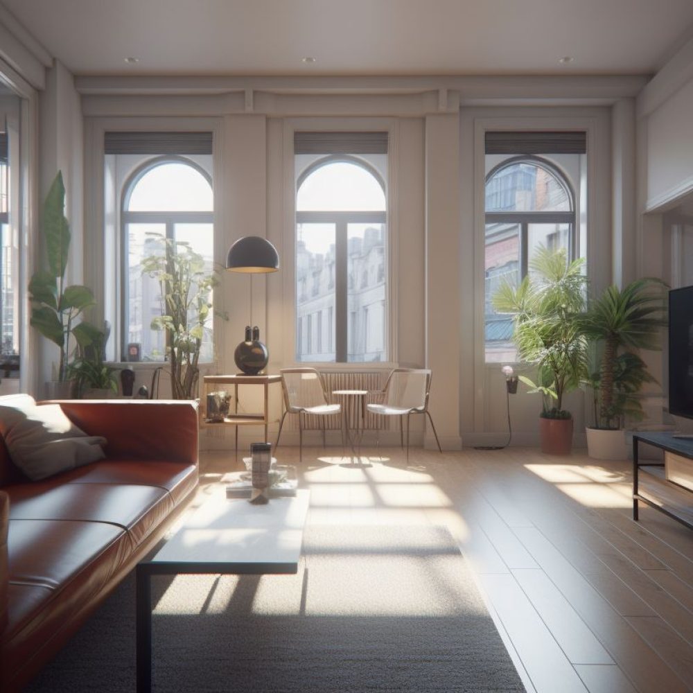 Salon rénové dans un appartement ancien à Lyon avec lumière naturelle et mobilier design