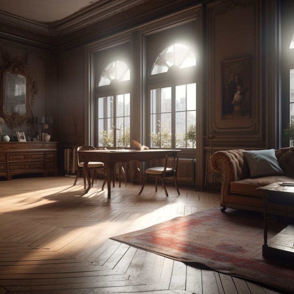 Salon d’un appartement haussmannien rénové à Lyon 2, parquet ancien et moulures d’époque restaurées.