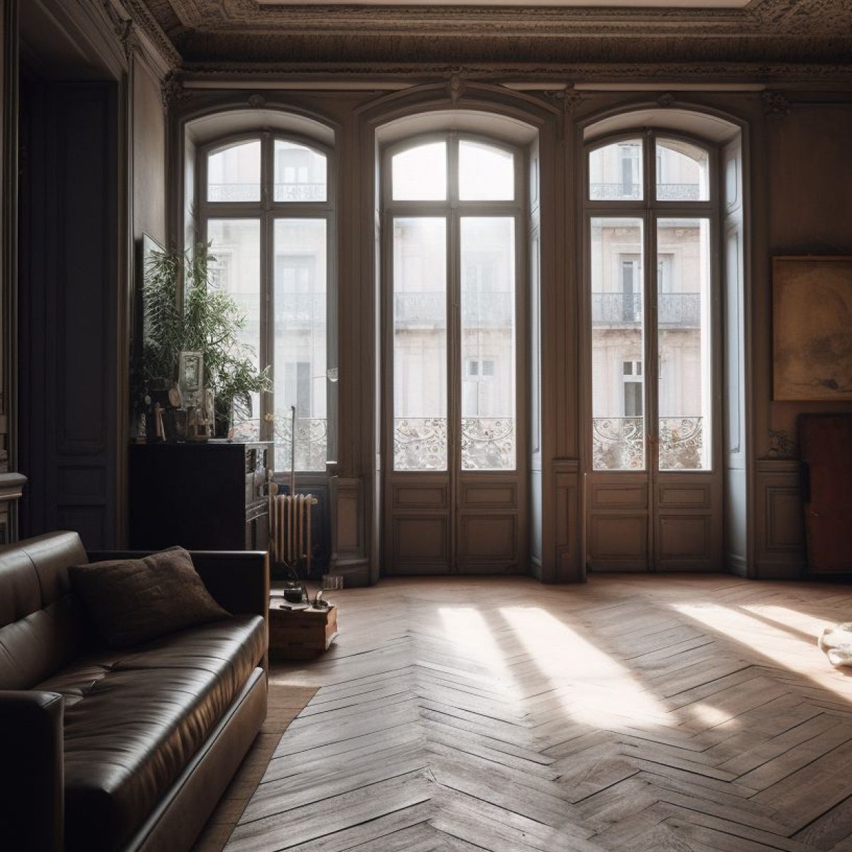 Salon haussmannien rénové à Lyon 4 avec parquet en chevrons, grandes fenêtres et lumière naturelle.