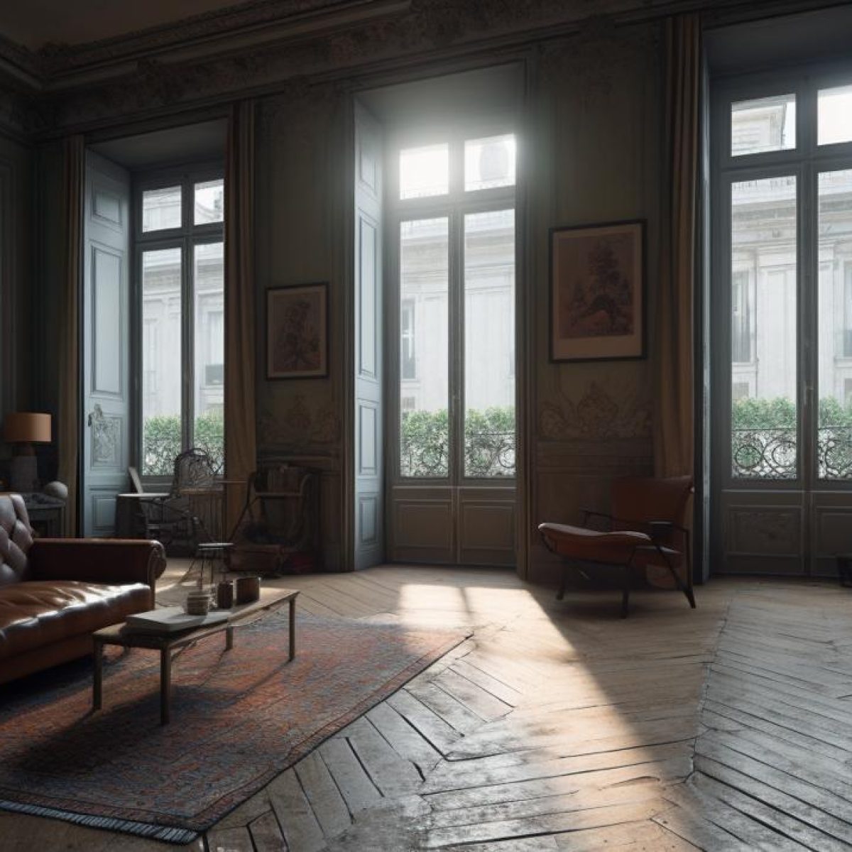 Appartement rénové à Lyon 4 avec parquet ancien, grandes fenêtres cintrées et décoration contemporaine.