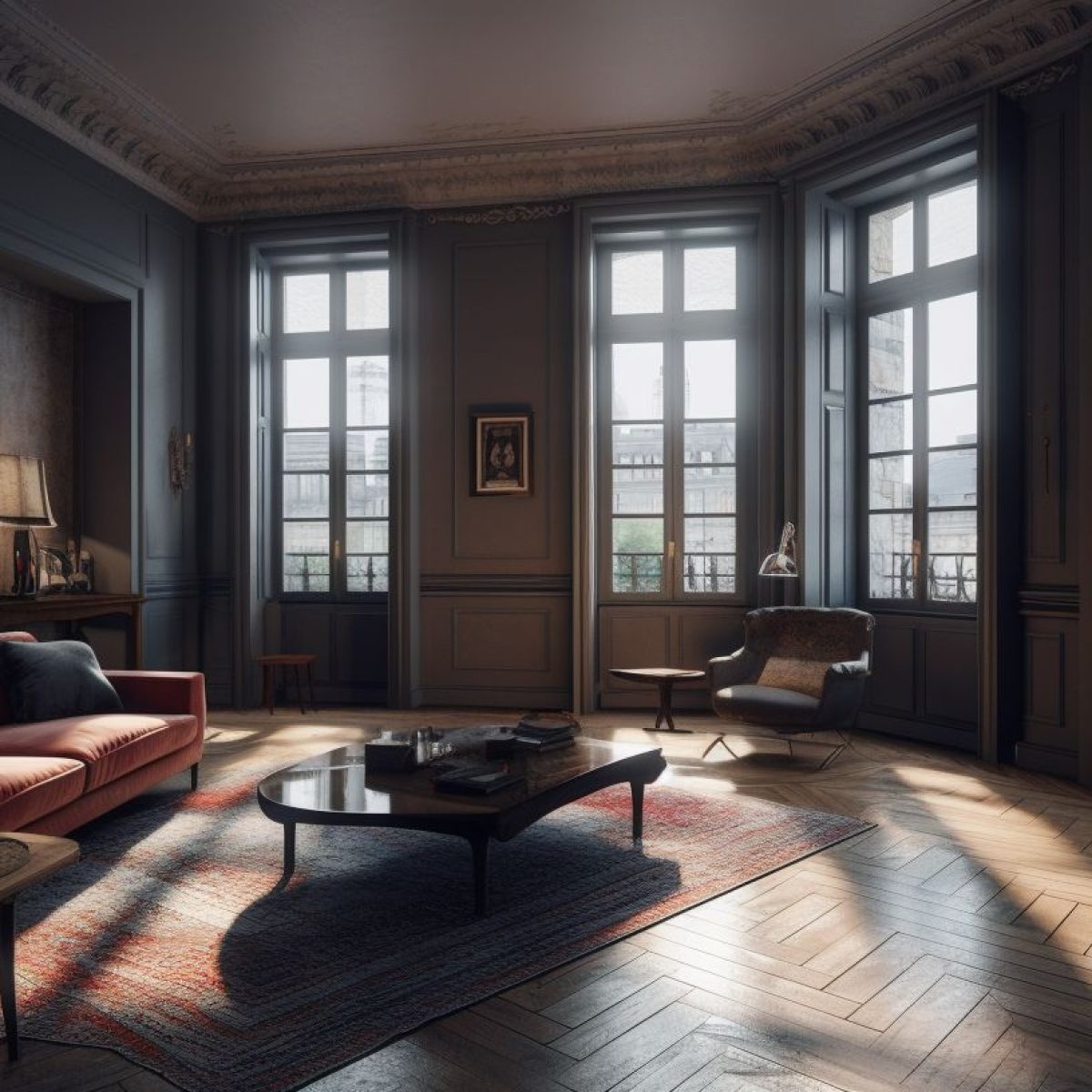 Salon haussmannien rénové à Lyon 5 avec parquet en chevron, grandes fenêtres et décoration moderne.