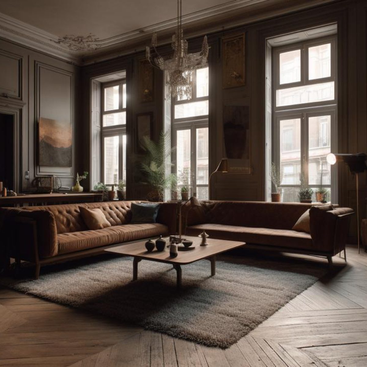 Rénovation d’un appartement haussmannien à Lyon 6 avec parquet en chevrons, moulures d’époque et canapé en cuir brun.