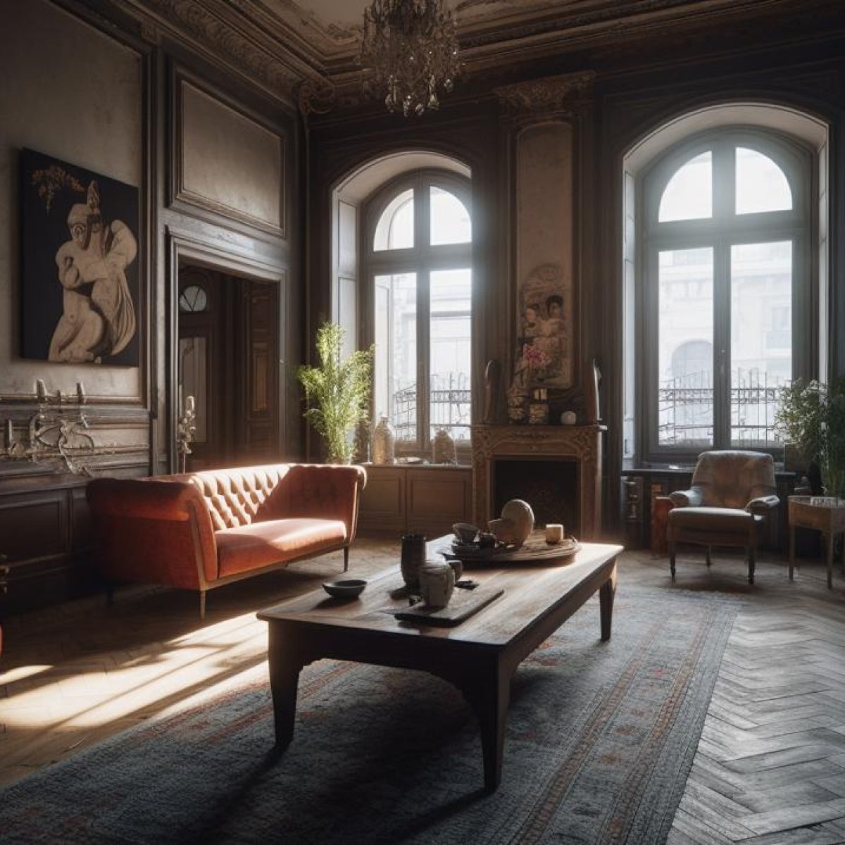 Salon rénové d’un appartement haussmannien à Lyon 6, avec parquet en chevrons, grandes fenêtres cintrées et mobilier design mêlant ancien et moderne.