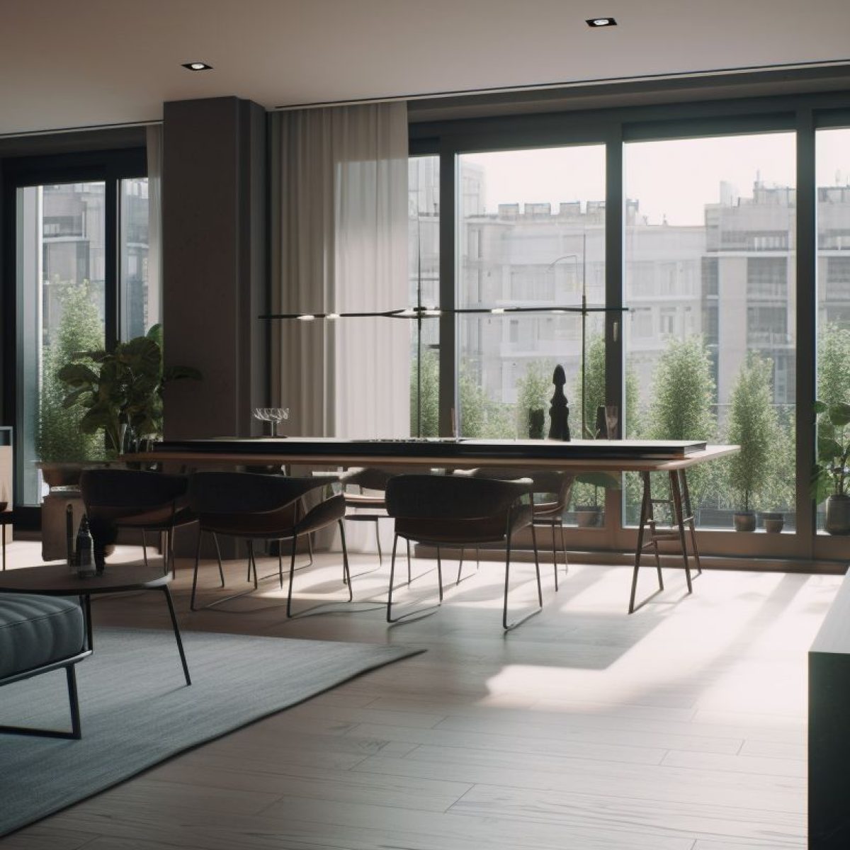 Salon rénové d’un appartement moderne à Lyon avec mobilier sur mesure, grande baie vitrée et parquet clair