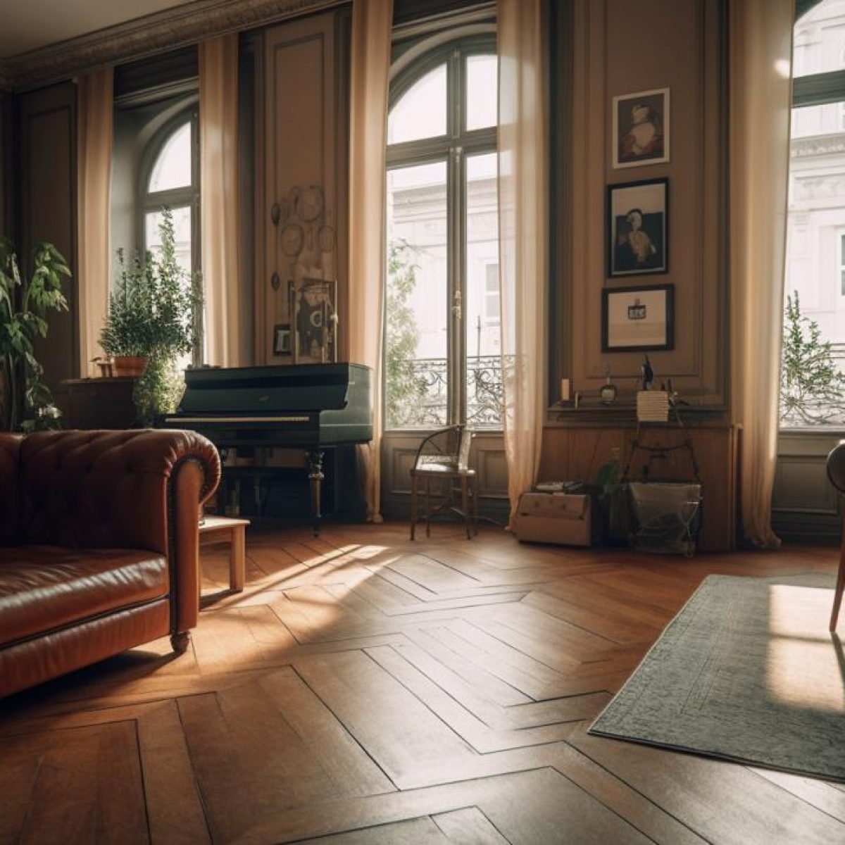Appartement rénové à Lyon 3 avec parquet en chevrons, grandes fenêtres et décoration élégante autour d’un piano et d’un canapé en cuir.