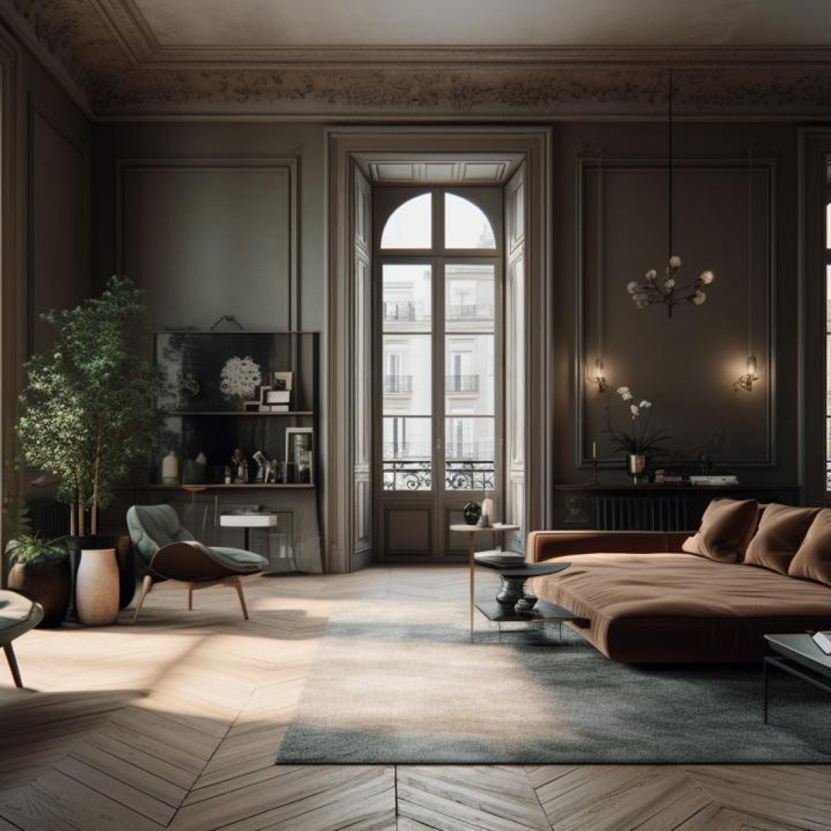 Salon rénové à Lyon 5 avec moulures anciennes et décoration contemporaine raffinée.