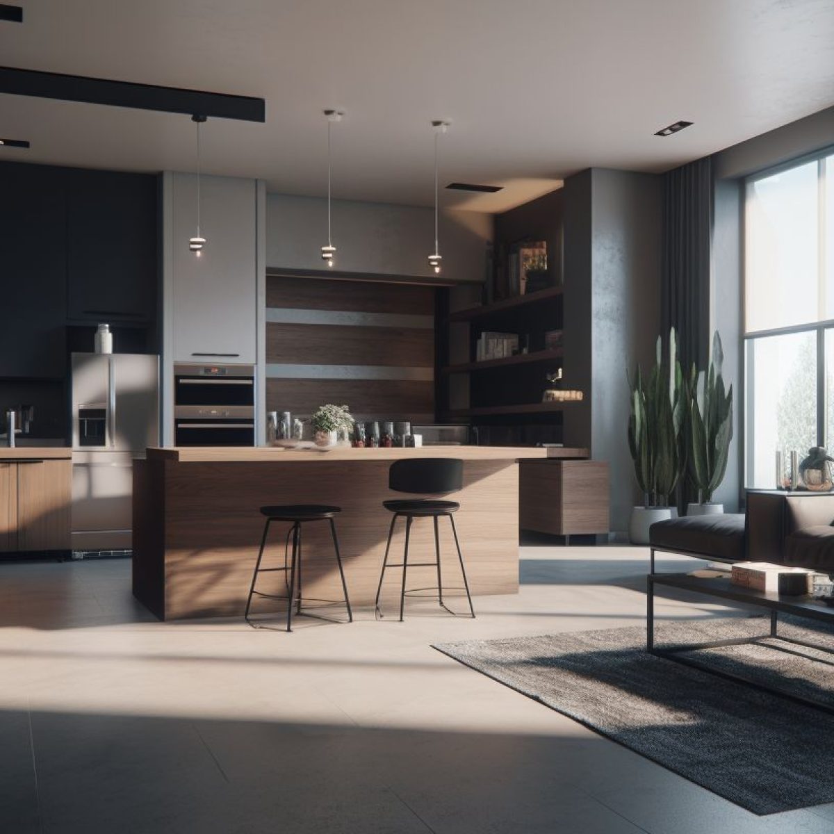 Salon rénové à Lyon 7 avec cuisine ouverte et aménagement contemporain réalisé par BS Multitravaux.