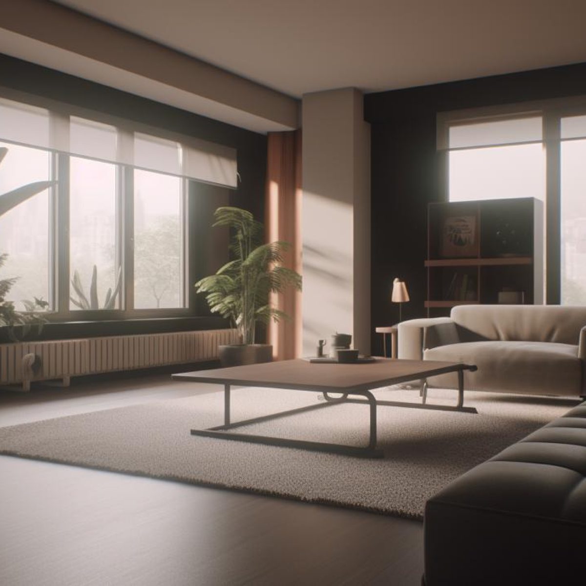 Rénovation appartement Lyon : salon lumineux avec baies vitrées, plantes et mobilier contemporain.