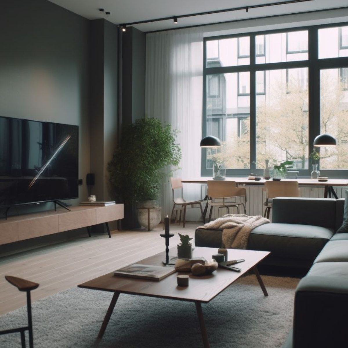 Rénovation Vienne : Salon rénové à Vienne avec mobilier contemporain, grande fenêtre et lumière naturelle