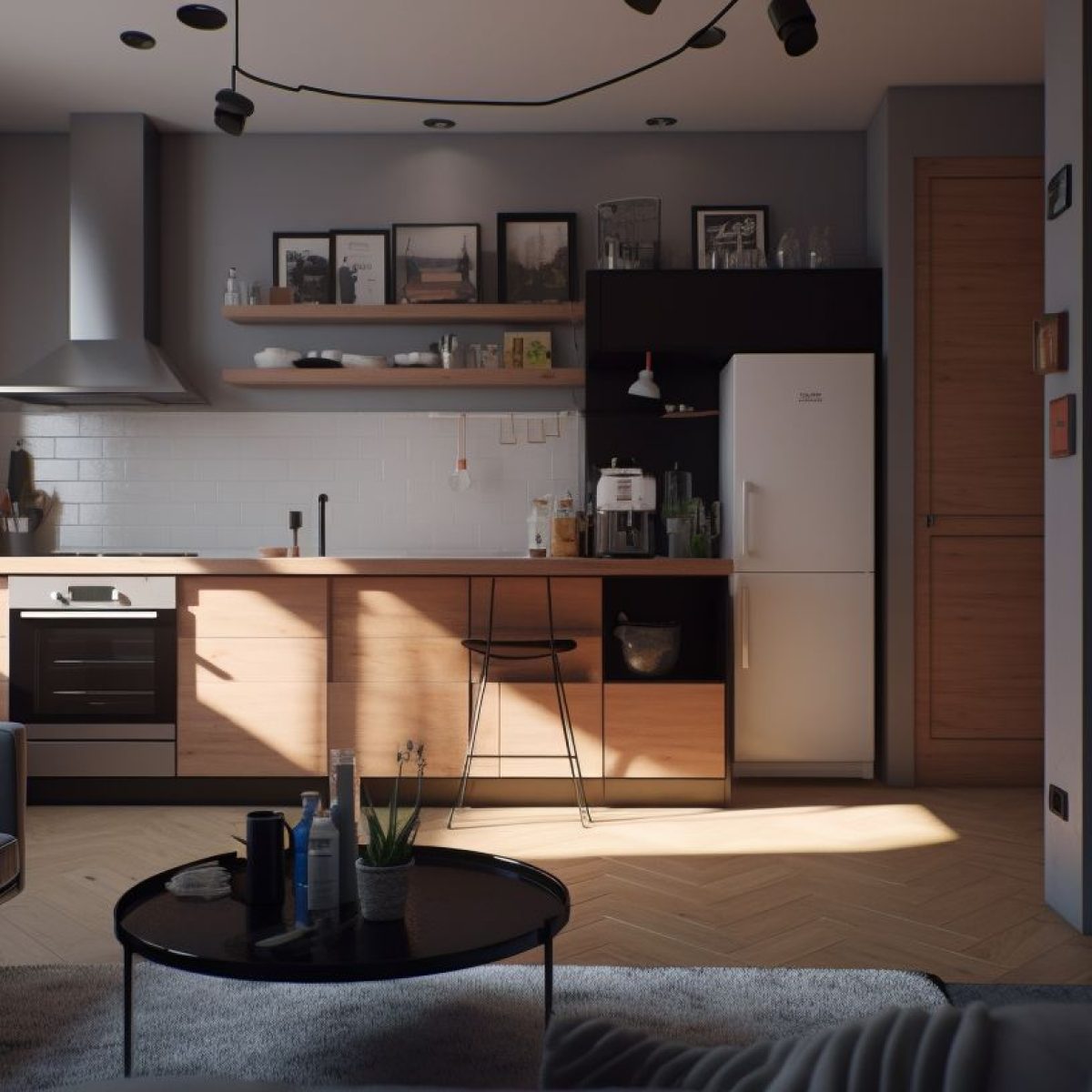 Rénovation appartement Vienne – cuisine moderne ouverte avec mobilier bois et électroménager intégré