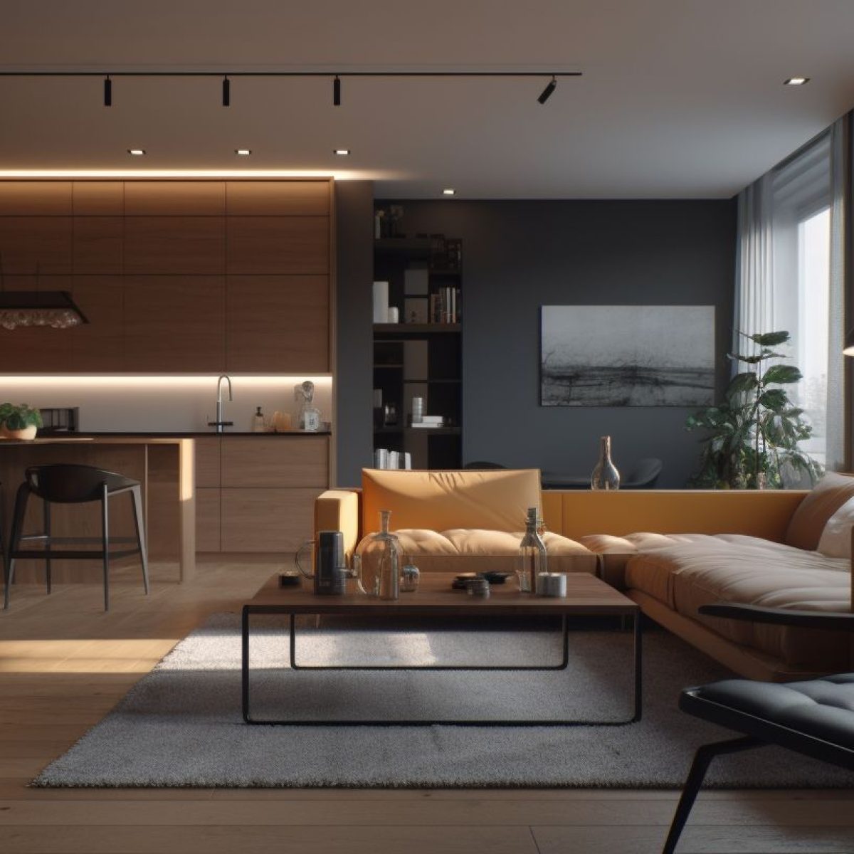 Cuisine ouverte et salon rénovés dans un appartement contemporain à Lyon