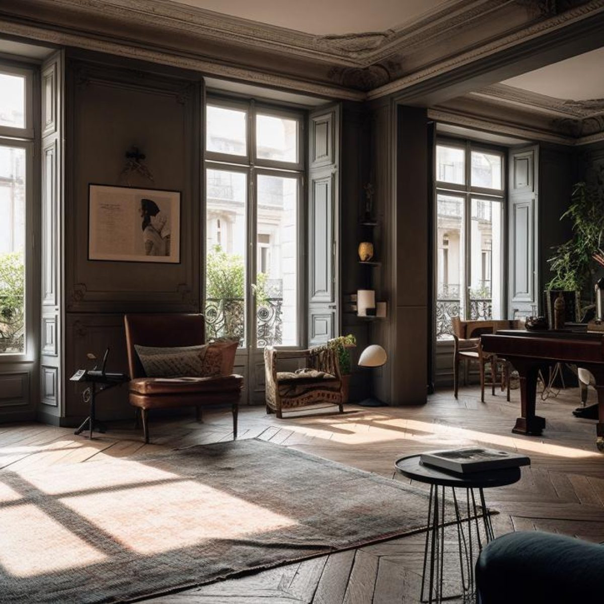 Salon lumineux rénové à Lyon 2 avec parquet ancien et grandes ouvertures sur cour intérieure