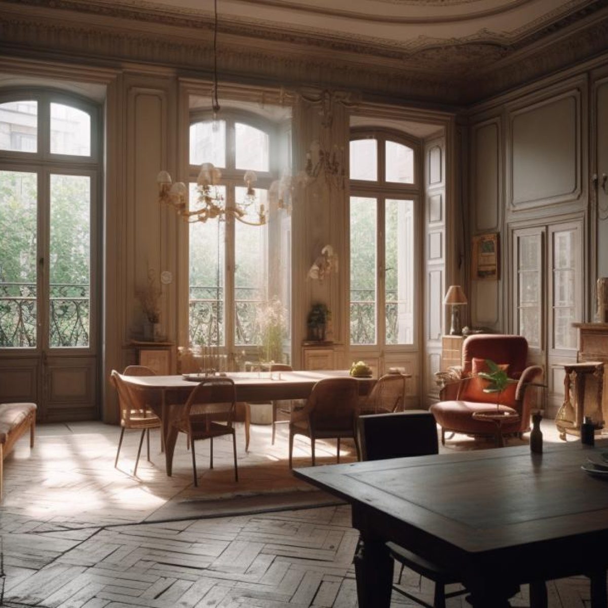 Rénovation intérieure d’un salon à Lyon 3 avec parquet ancien, moulures d’époque et grandes fenêtres donnant sur cour arborée.