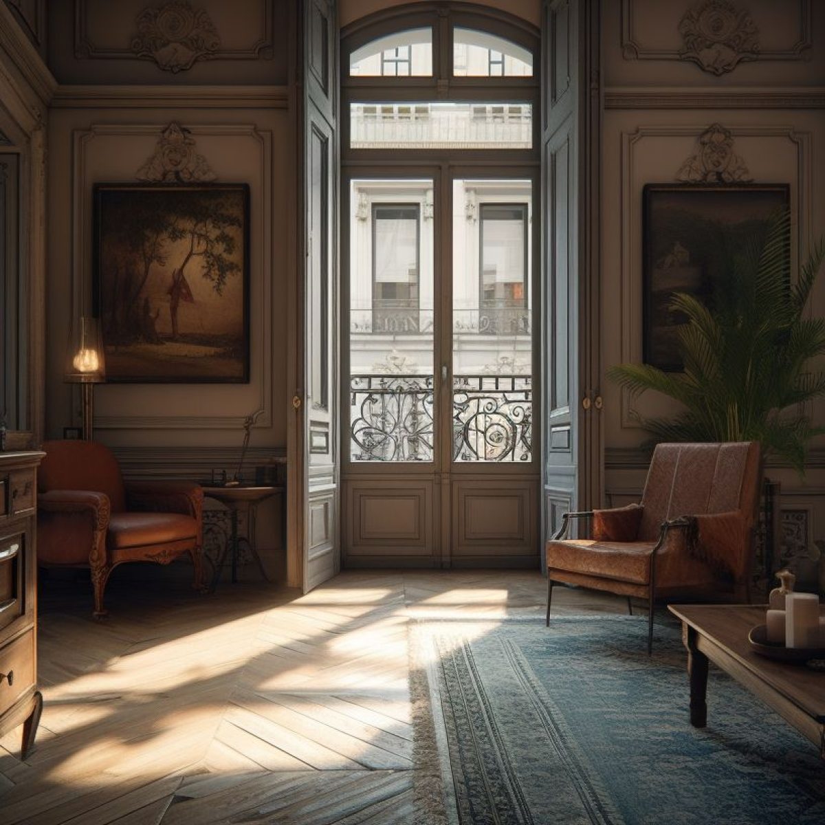 Salon rénové à Lyon 1 avec parquet ancien et boiseries restaurées par BS Multitravaux.