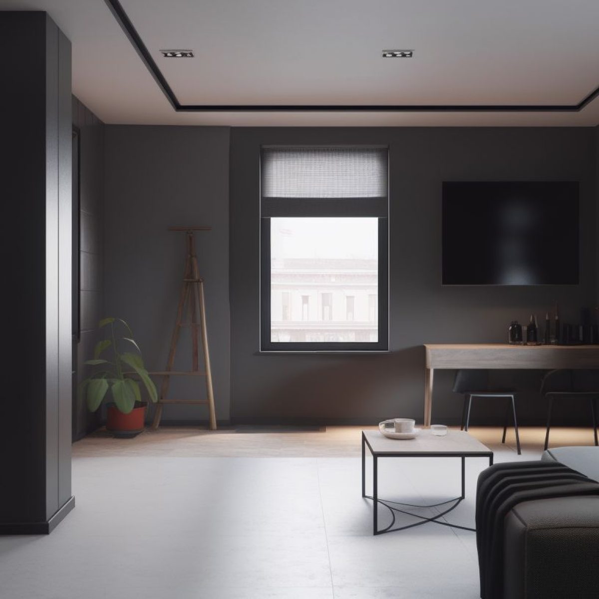 Salon rénové à Lyon 8, au design moderne avec matériaux naturels et ambiance lumineuse contemporaine.