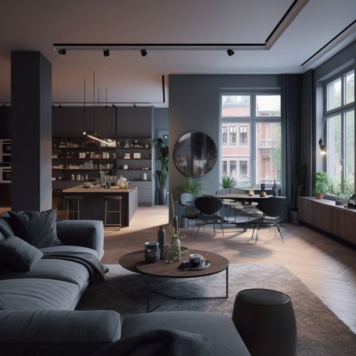 Rénovation lyon : Salon rénové dans un appartement à Lyon avec cuisine ouverte et mobilier moderne