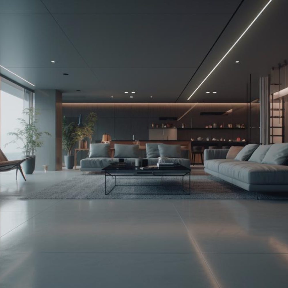 Salon contemporain rénové à Saint-Étienne avec cuisine ouverte et éclairage LED