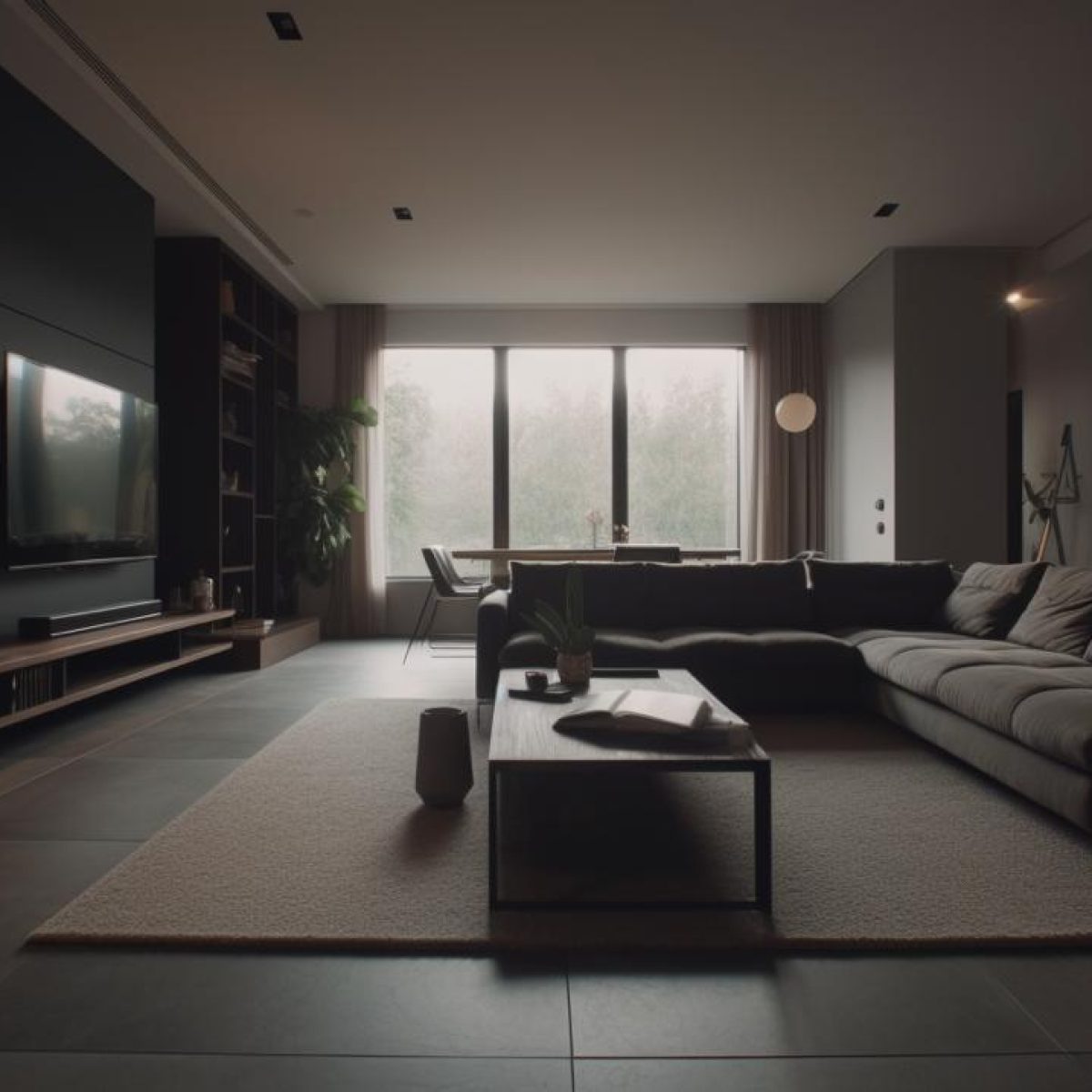 Rénovation Saint-Étienne : salon d’appartement moderne rénové avec mobilier design et grande baie vitrée