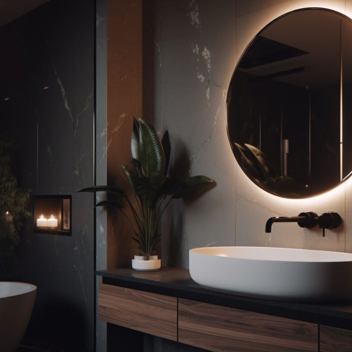Rénovation salle de bain avec vasque blanche, miroir LED rond et finition bois