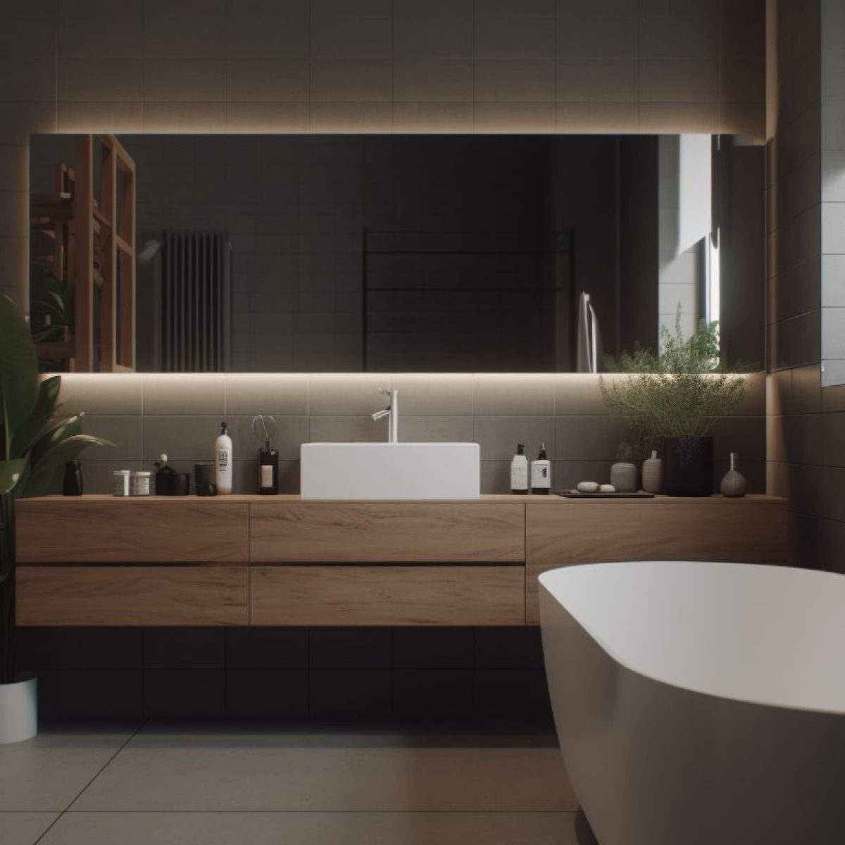 Salle de bain rénovée à Saint-Étienne avec meuble bois et lumière indirecte