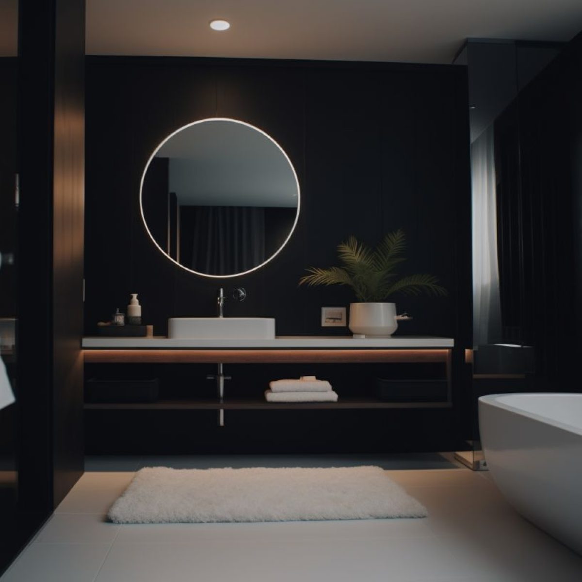 Rénovation salle de bain Vienne avec baignoire îlot et ambiance moderne noire