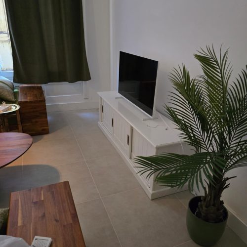 Salon rénové avec sol en carrelage beige, meuble TV blanc, rideaux verts et décoration végétale à Lyon