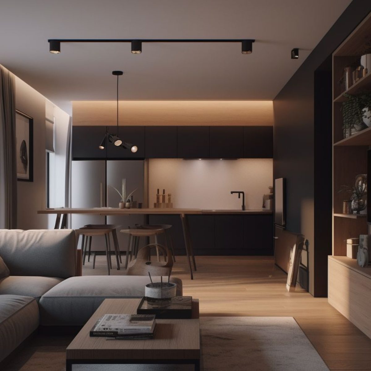 Rénovation d’un appartement moderne à Villeurbanne avec cuisine ouverte et salon design.