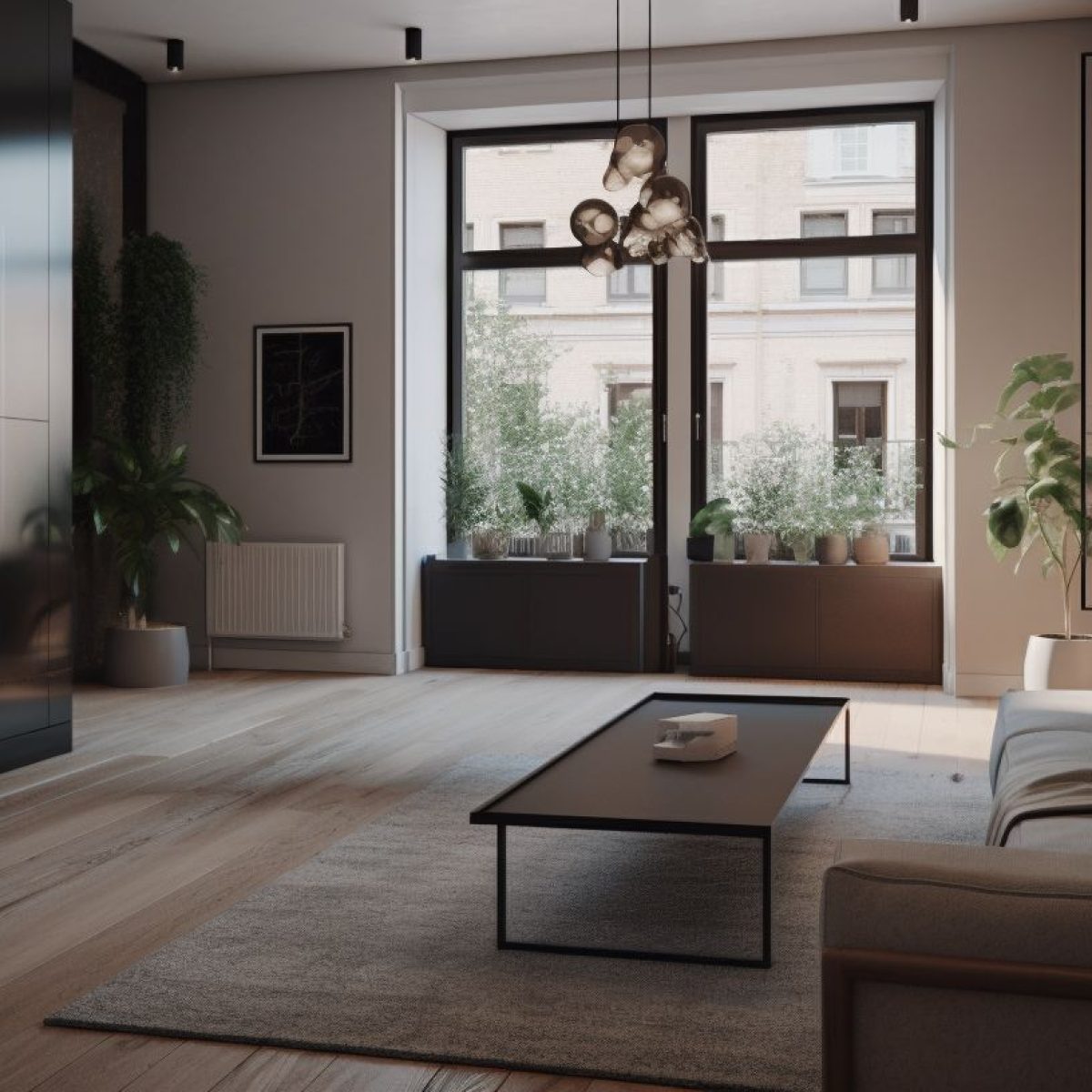 Rénovation d’un appartement à Villeurbanne avec grand salon lumineux et mobilier moderne.