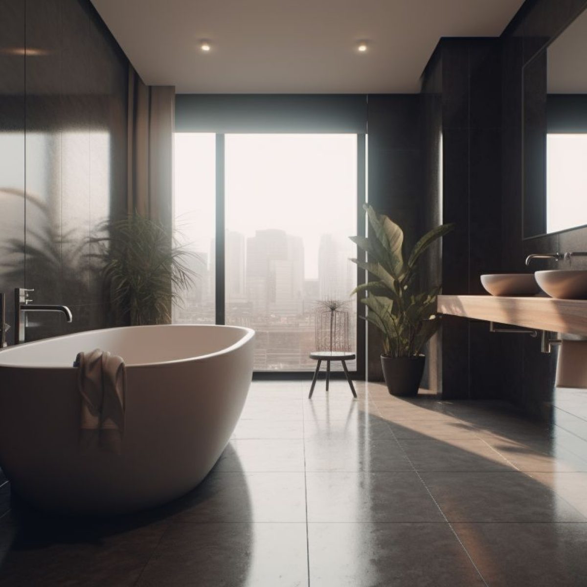 Salle de bain moderne avec baignoire îlot et double vasque, rénovation haut de gamme à Lyon